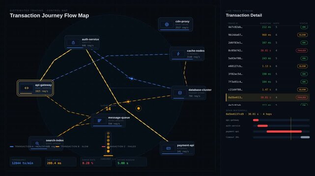 Cinematic 4K Transaction Tracing Dashboard Visualization Featuring Live Command-and-Control Map with Service Nodes, Animated Transactions, and Detailed Transaction Panel.