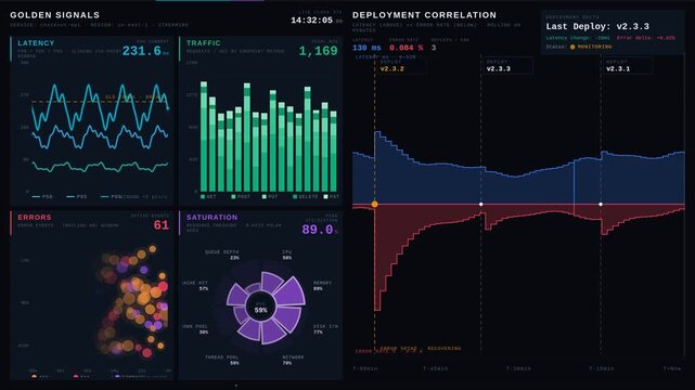 Explore a visually stunning real-time service performance dashboard designed in dark mode showcasing golden signals and deployment correlations with premium aesthetic appeal.