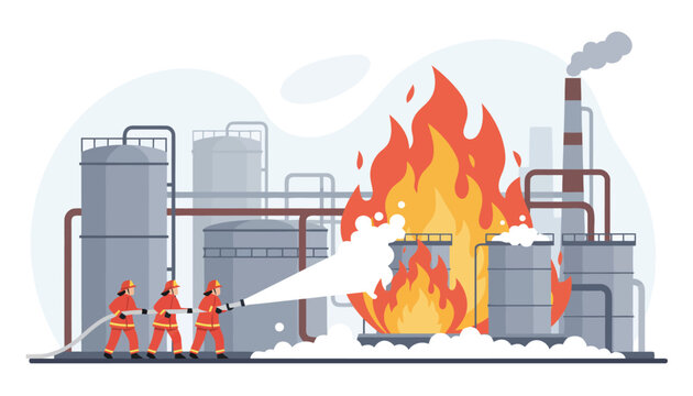 Team of firefighters uses heavy hoses and foam streams to combat a massive chemical plant fire with roaring orange flames.