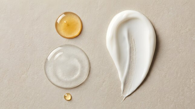 Cosmetic skincare textures including white cream and clear serum drops
