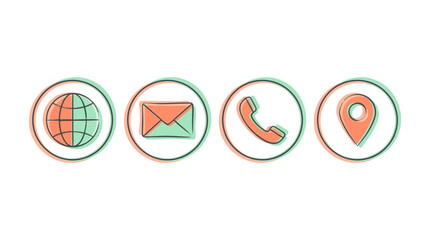 Fototapeta premium A set of four minimalist line art icons representing global communication, email, phone contact, and physical location, rendered in a modern, clean style with subtle color accents.