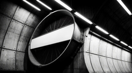 Fototapeta premium Large industrial ventilation fan in tunnel. Massive circular air extractor works inside concrete infrastructure. Monochrome engineering machinery provides airflow in underground subway road tunnel.