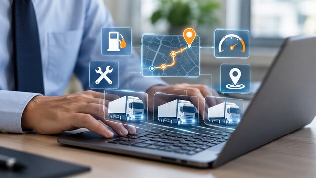Professional logistics manager using laptop for fleet management and digital transport tracking systems