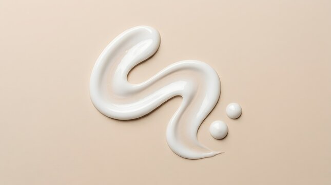 Sshaped smear of white cosmetic cream with two small droplets on a beige background