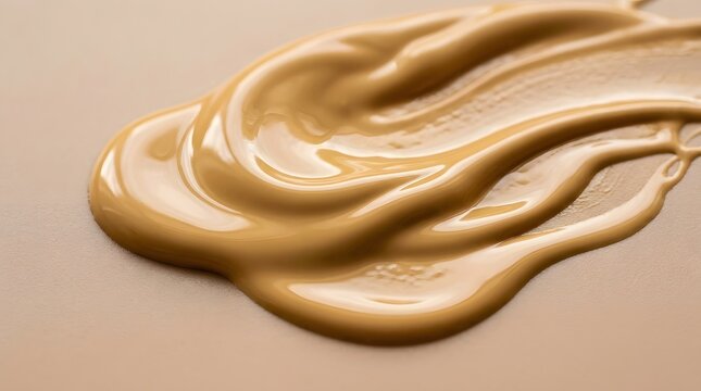 Closeup of a smooth, liquid beige cosmetic foundation smear on a neutral background