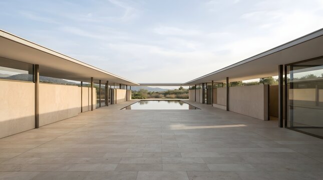 Modern minimalist architectural courtyard with a central infinity pool and stone flooring