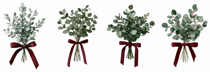 Four hand painted eucalyptus bouquets with varied green foliage, each tied with a rich burgundy ribbon  festive, winter holiday botanical elements for cards and decor © Narin