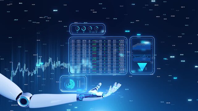 Robot hand blank blue panels amid financial numbers market chart background. artificial intelligence finance automation algorithmic analysis, intelligent software and business technology presentations