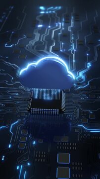 Large blue cloud processor detailed circuit board, linked lines. cloud computing visualization for data transfer internet connectivity, semiconductor hardware technology presentation video backgrounds