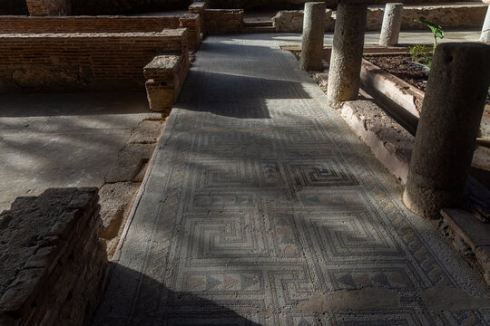 Ancient Roman geometric mosaic floor at the House of the Amphitheatre in Merida.