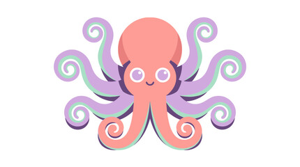 Cute pink octopus with purple tentacles smiling on white background © Hera