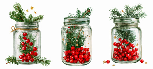 Fototapeta premium Mason jars filled with pine branches, red berries, and golden stars, creating festive christmas decorations in a charming watercolor style, ideal for holiday themes