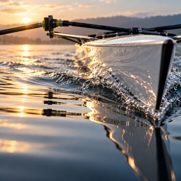 Water splashing along a rowing shell in golden lake light