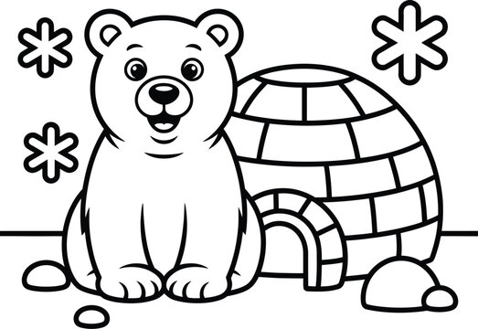 Cute cartoon polar bear standing beside igloo with falling snowflakes for winter themed educational childrens coloring page.