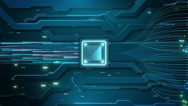 Blue and green connection paths square processor teal geometric scattered numeric values. abstract data routing concept for digital infrastructure, information transfer technology video presentations.