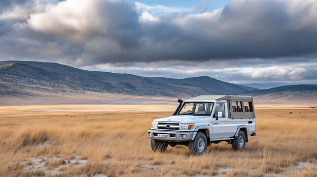 Elegant Traveler Beside Luxury Safari Jeep Observing Horizon in Wildlife Landscape

