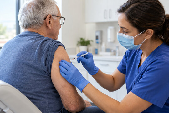 Older adult receiving upper arm vaccination in clinic