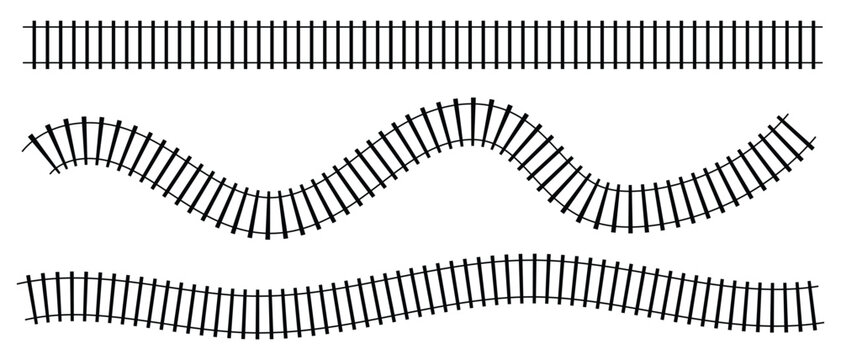 Set of railway track segments featuring straight, curved, wavy, railroad lines in top view. Set of railroad segment. Train track line isolated on white background. Vector illustration. 