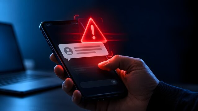 Hand holding a mobile phone in the dark with a glowing red warning triangle over a text message chat bubble indicating a scam or smishing attack