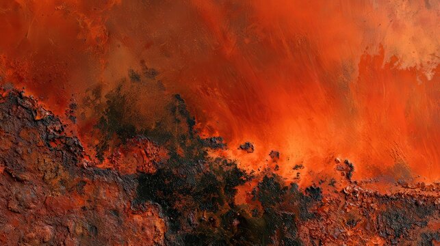 The surface of a deeply corroded copper plate, rich orange-red with darker black oxidation.
