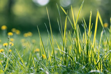 Naklejka premium The Grass in Sunlit Field Close Up of Green Blades and Morning Light
