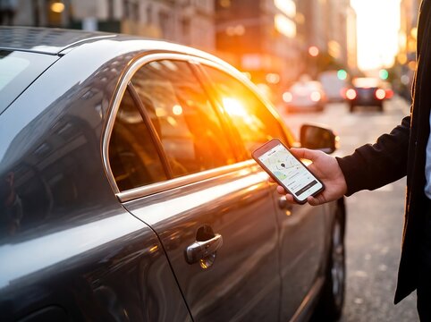 Hand holding smartphone unlocking premium car with mobile app smart car sharing digital key vehicle access keyless entry modern technology transportation app
