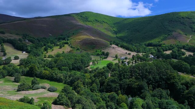 Aerial drone view of the beech forest and countryside landscape in Las Machorras, Las Merindades. Pasiegos Valleys of Burgos. Castile and Le&oacute;n. Spain. Europe