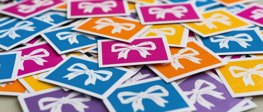 Scattered pile of colorful gift cards with white bow designs on paper surface