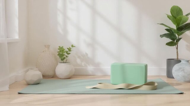 Yoga practice setup in bright room with plants.