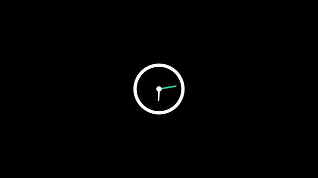 Minimalist digital clock animation with white circle border and rotating hands on black background