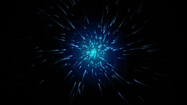 Futuristic blue digital hyperspace tunnel warp speed background with glowing light particles in dark