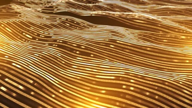 Warm gold and amber wave bands rich abstract curved lines, shimmering highlights depth. premium branding, luxury advertisements, gala presentations, festive greetings sophisticated promotional visuals