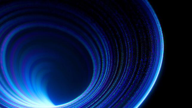 dynamic swirling blue particle vortex funnel leading into dark center. Abstract 3D tunnel of glowing light trails. Futuristic space portal