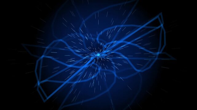 Mesmerizing blue hyperspace tunnel animation with glowing light streaks swirling towards a central focal point