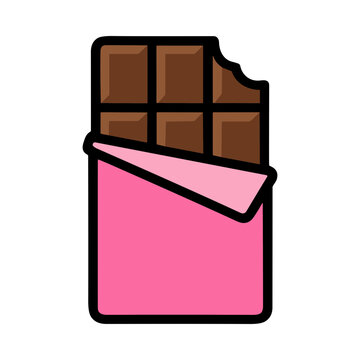 Chocolate Bar Wrapped in Pink Packaging with Bite Taken Out of One Square