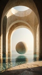 Fototapeta premium Large stone sphere floats inside massive arched structure over calm ocean water. Ancient marble pillars, circular openings create surreal dreamlike space. Minimalist architecture with geometric