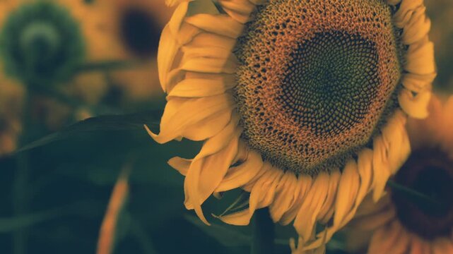 A stunning sunflower stands tall, showcasing its bright yellow petals and intricate center. The scene is bathed in warm sunlight, evoking a serene summer day in a lush garden.