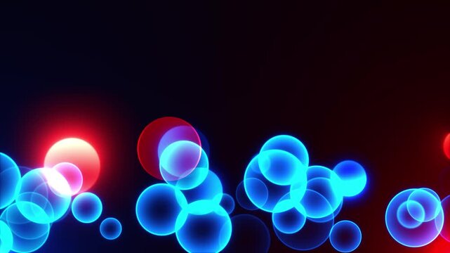 Neon blue circles warm spheres abstract bubble scene bright outlines generous space text. decorative background for promotional titles, music visuals, event , brand introductions modern campaigns. 3D