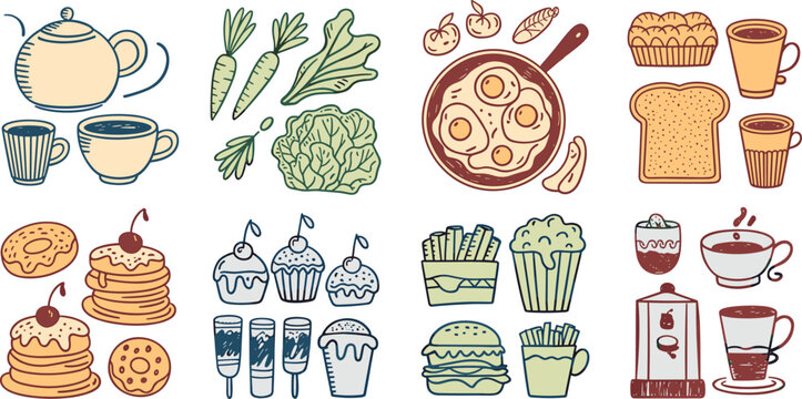 Breakfast and Cafe Hand Drawn Line Art Collection with Tea, Coffee, Pancakes, Vegetables, Pizza, Burgers, Desserts and Snacks