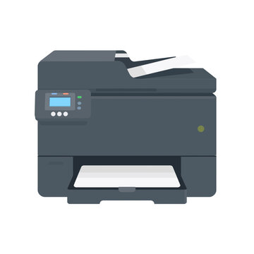 Modern office laser printer for business documents with paper loaded isolated on transparent background, Vector