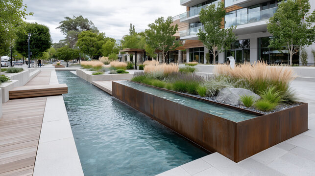 Landscape Designer Examining Native Plants in Urban Rain Garden for Sustainability

