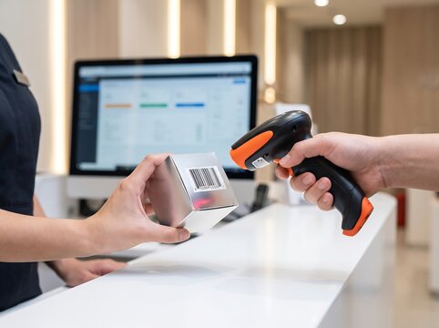 Close-up of a person using a handheld barcode scanner to scan a package held by a retail worker at a checkout counter, with a computer monitor in the background.