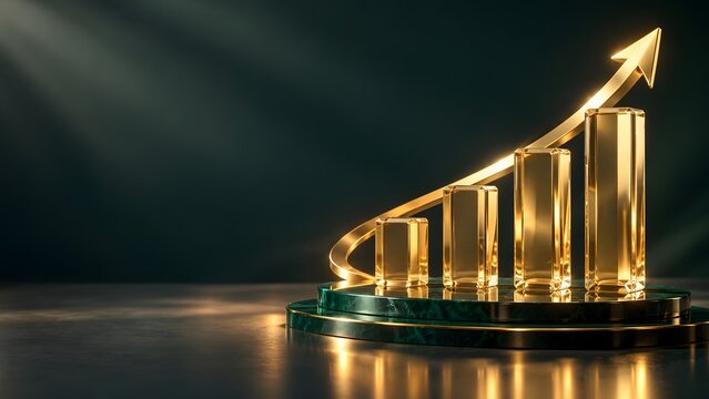 Transparent crystal bar chart and rising golden arrow on green marble podium reflecting clear financial projections and corporate growth