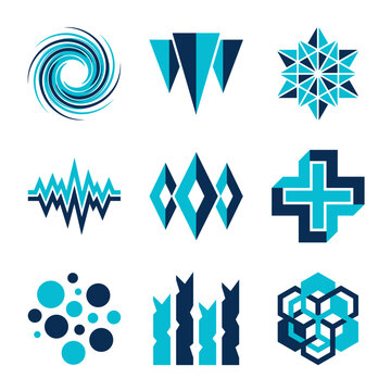 Set of modern blue and dark blue abstract geometric icons and logo elements.