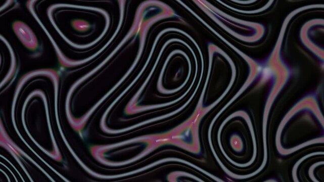 Iridescent bismuth metallic labyrinth patterns morphing through fluid dark void psychedelic for creative media production