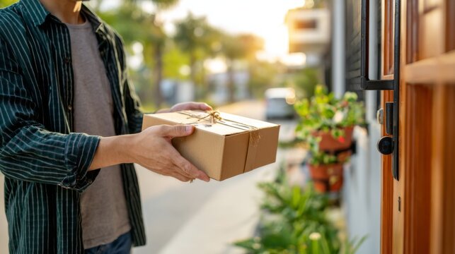 Courier man delivering parcel package to customer at front door delivery