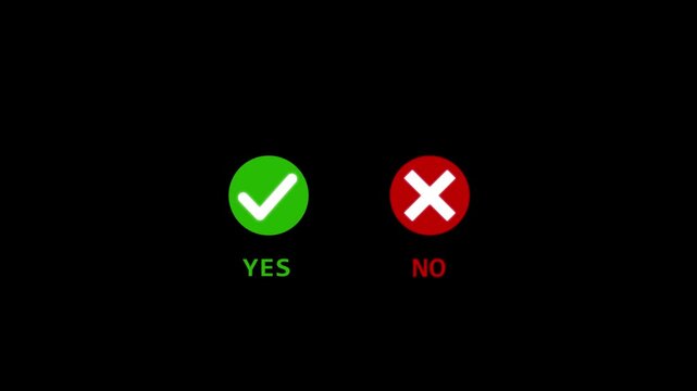 Green YES check mark and red NO cross symbols on a black background. A check mark in and out motion graphics animation. Video footage of yes or no, true or false with alpha channel.