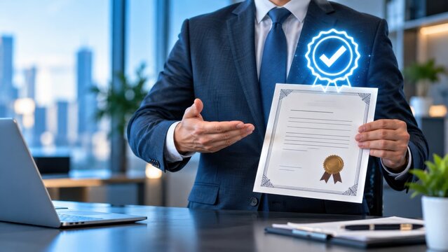 Businessman in dark suit holding printed certificate with gold seal and glowing blue quality badge icon.