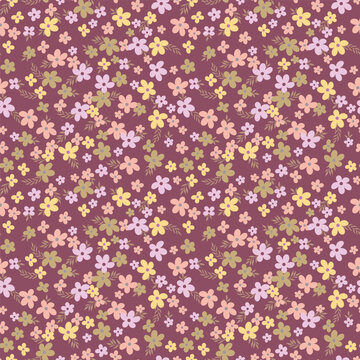 Deep burgundy plum ditsy floral seamless pattern with pastel flowers