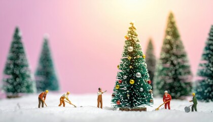 Fototapeta premium Miniature workers decorating christmas tree 